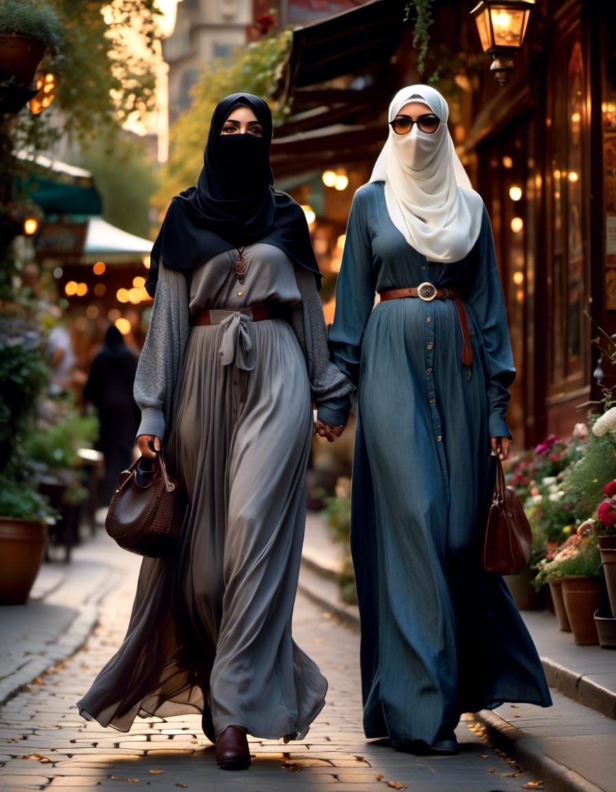 Niqabi Women in City Street, Art Nouveau Style