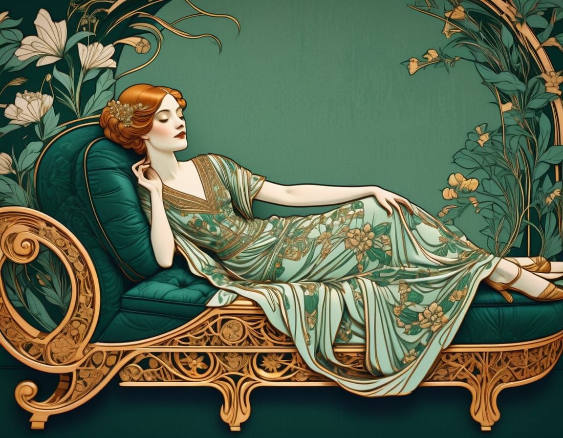 Art Nouveau Giantess Reclining on Chaise Lounge