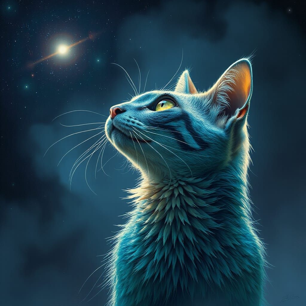 Cosmic Feline Encounter in Biomechanical Dreamscapes