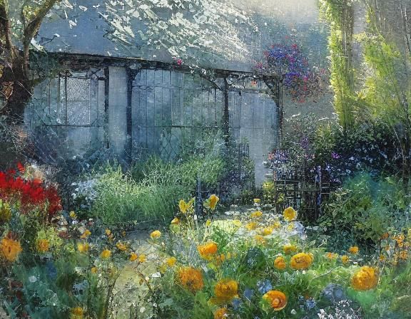 Sunlit Garden Between Dark Houses: Detailed Art