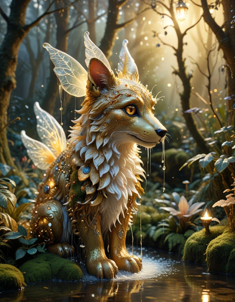 Whimsical Animal Fountain in Surreal Magical Forest