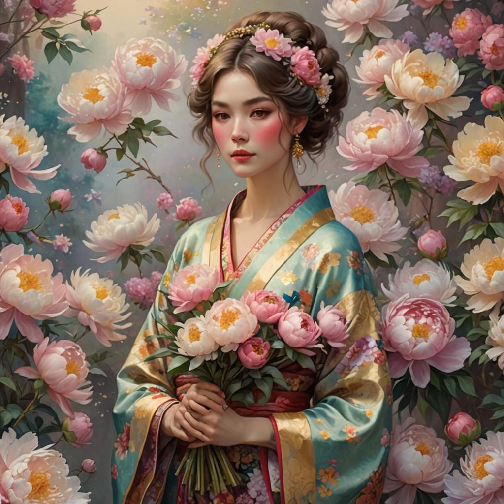 Girl in Kimono with Peonies, Klimt Style