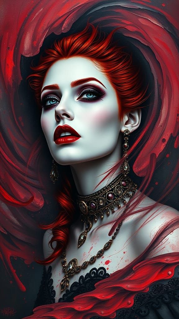 Vampiress Portrait with Fiery Hair and Baroque Jewelry