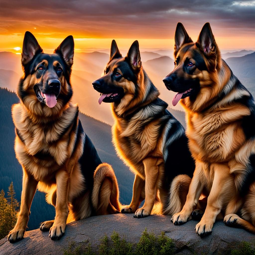 German Shepherds on Mountain at Sunset