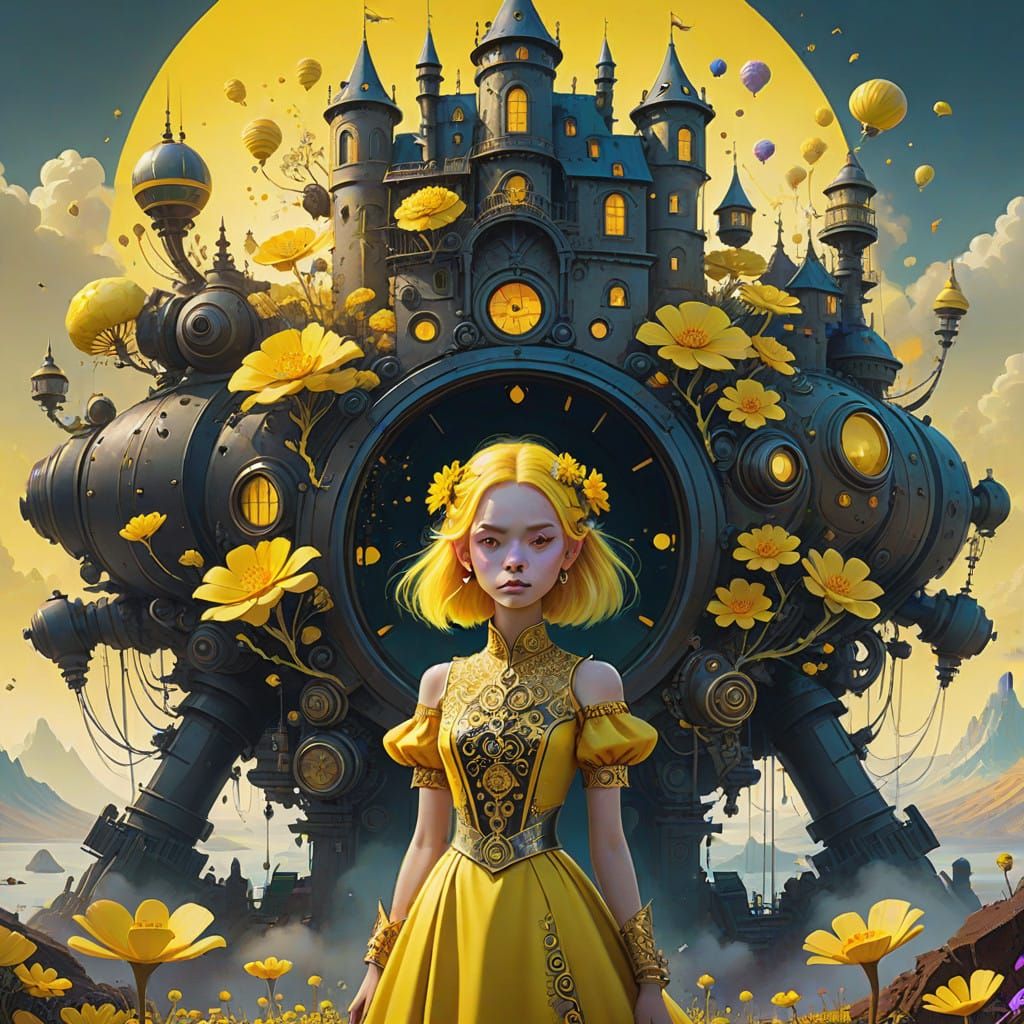 Woman in Vibrant Yellow Attire in a Fantastical Landscape