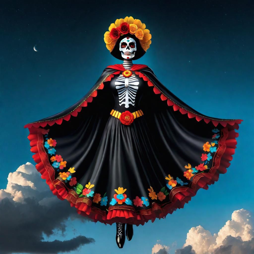 Full bodied of La Catrina, The Spirit of Muerte, embodied as a superhero, flying in the sky