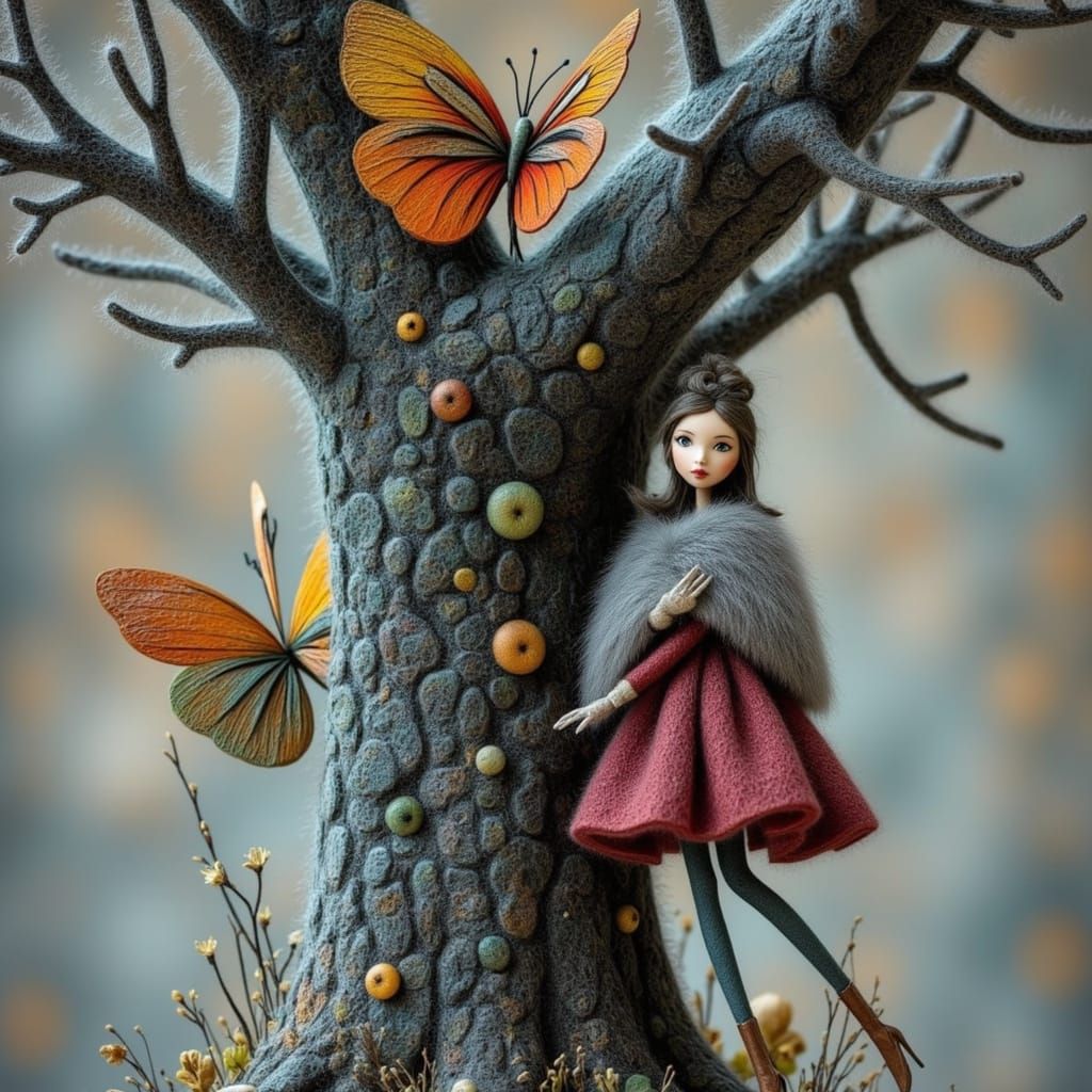 <lora:WOOLEN WORLD FLUX:1.0> a beautiful winter fairy wearin...