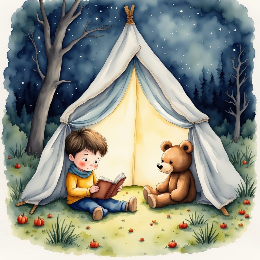 Boy and Teddy Bear Reading: Whimsical Watercolor Illustratio...