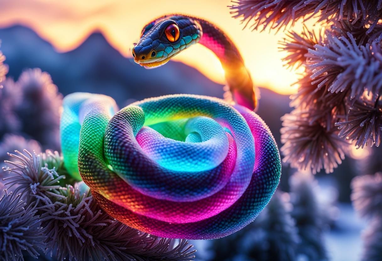 Hyperrealistic Winter Landscape with Snake and Jewelry