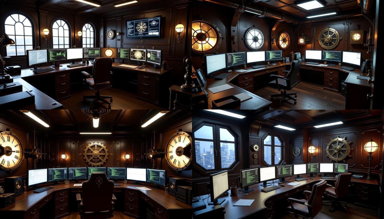 Steampunk Director's Room with Multiple Monitors in Low Ligh...