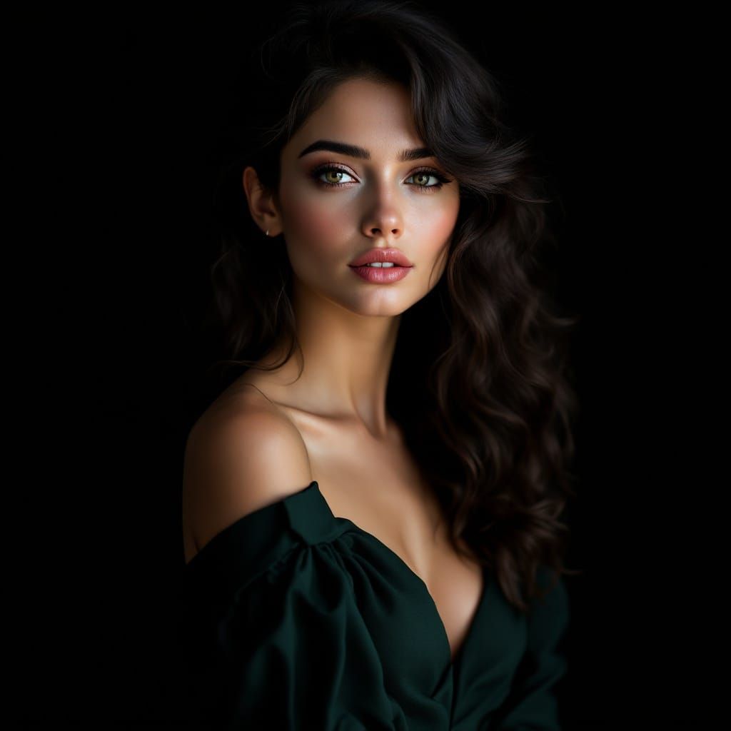 Hyper-Realistic Portrait of a Young Woman in Dark Green