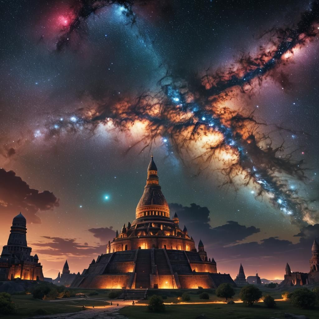 Chechen Itza Under Galaxy Nebula: Fantasy Concept Art