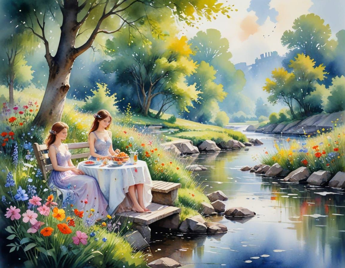 Riverside Picnic: Whimsical Fairytale Scene in Watercolour