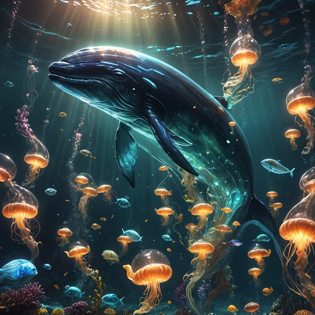 Glowing Glass Whale in Ocean Depths: Fantasy Art