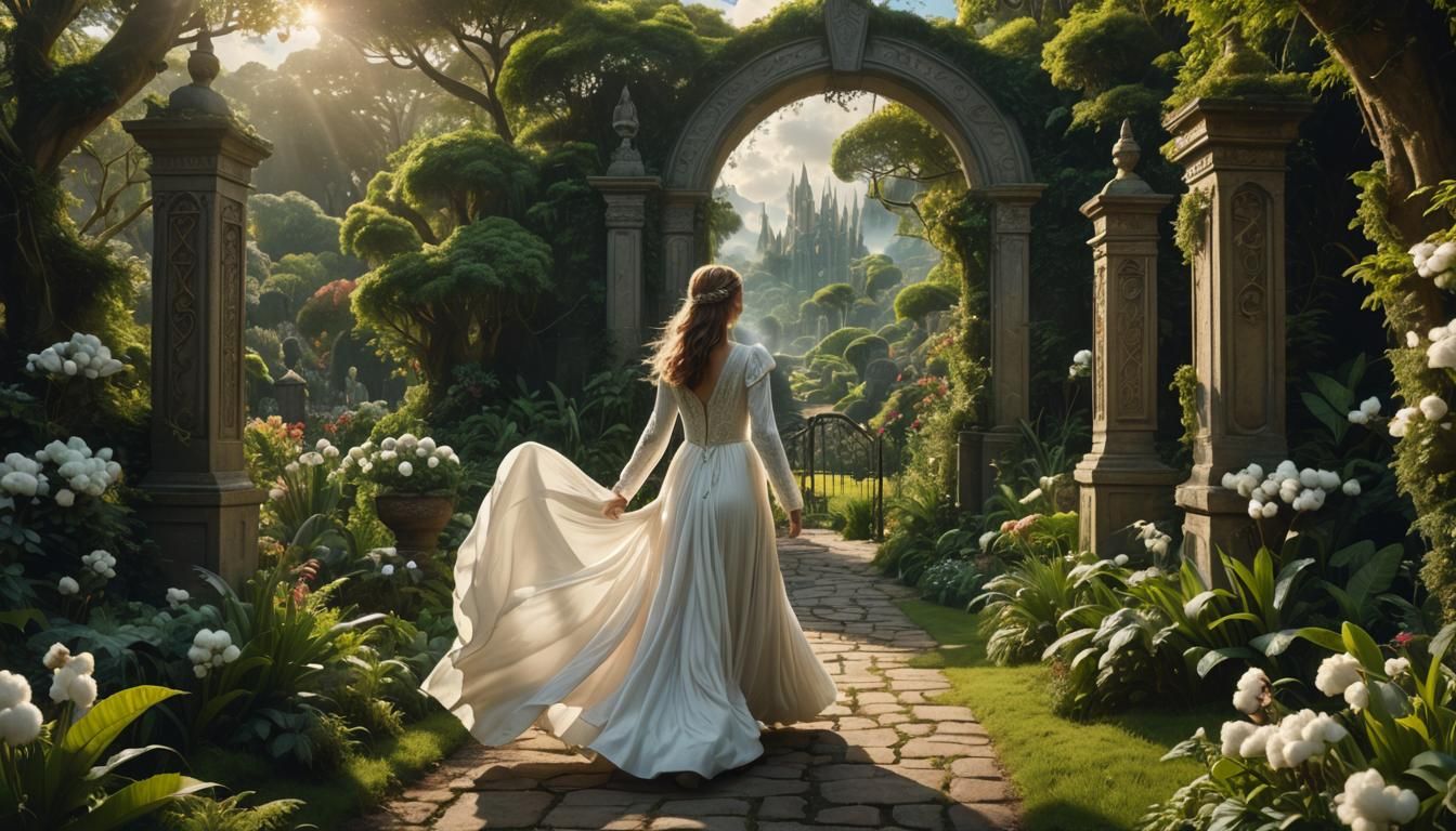 Lush Eden Garden: Woman in Flowing White Gown