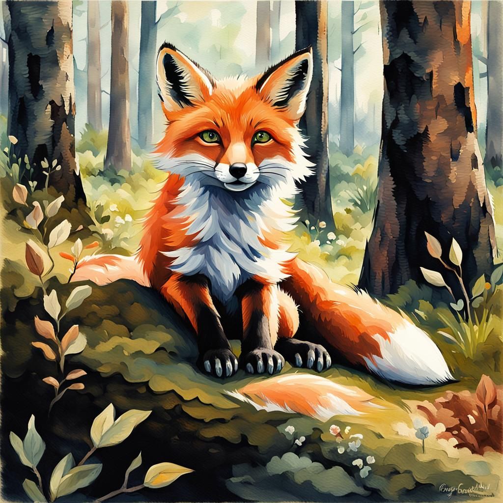 Cute Fox in Forest, Gouache Impressionist Style