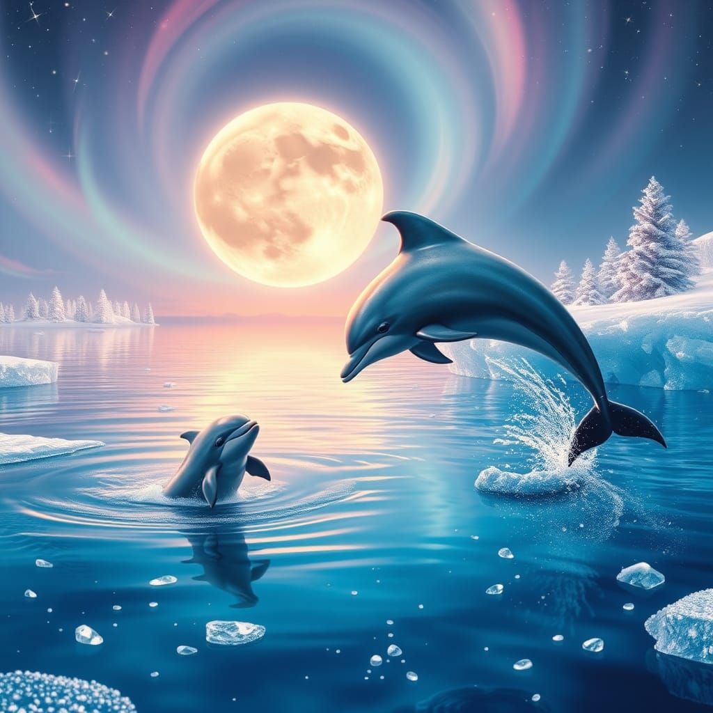 Dolphins Leap Under Aurora in Winter Wonderland