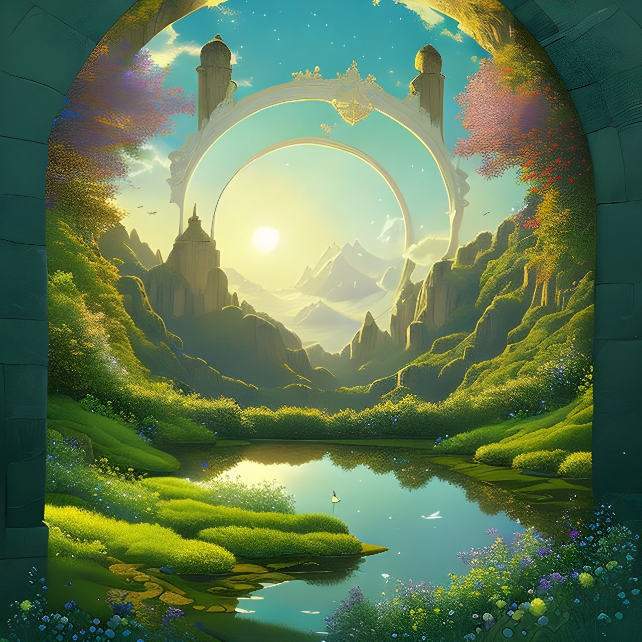 Flowery Arch to White Castle: Detailed Matte Painting