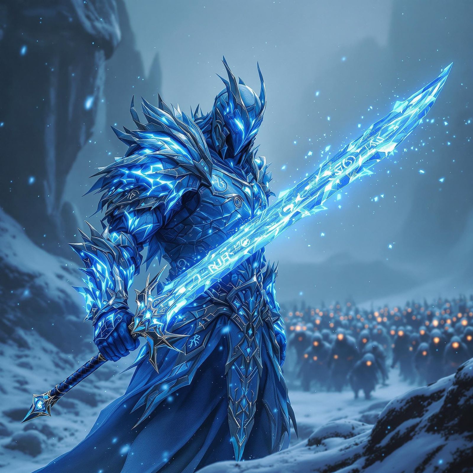 Ancient Warrior in Enchanted Armor with Glowing Sword