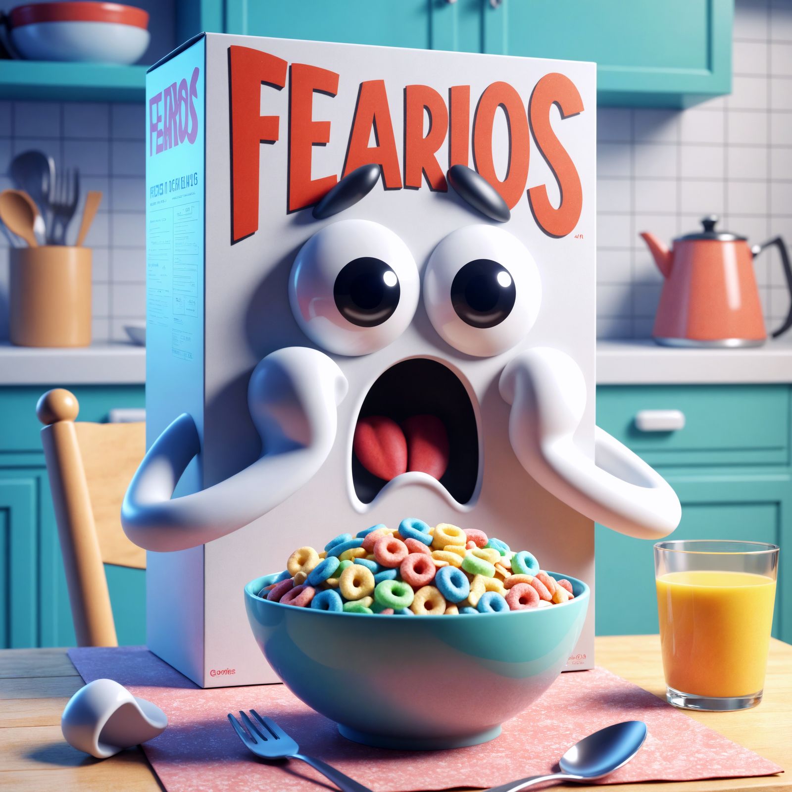 Terrified Cereal Box in Cartoon Kitchen Scene