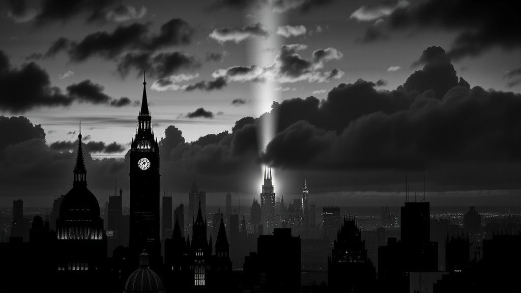Gotham City Silhouette with Batman Signal in Noir Style