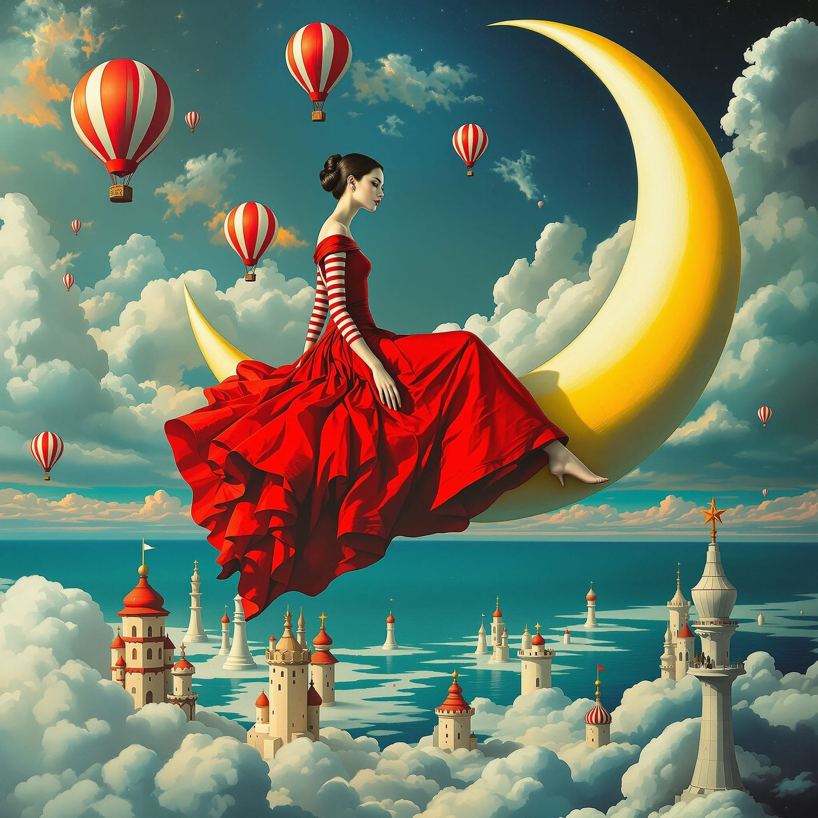 Surreal fantasy scene, a porcelain skinned woman in a red dr...