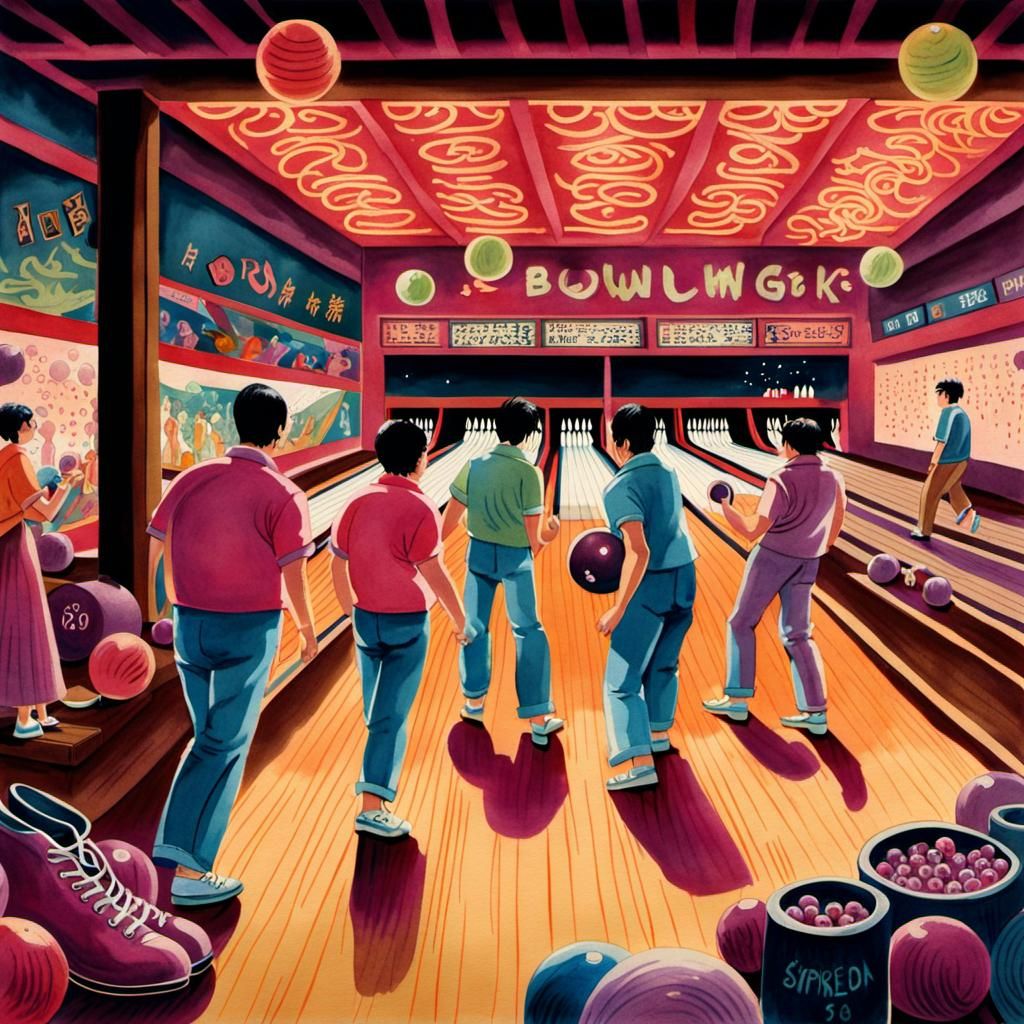 1980s Japanese Bowling Alley in Watercolor Style