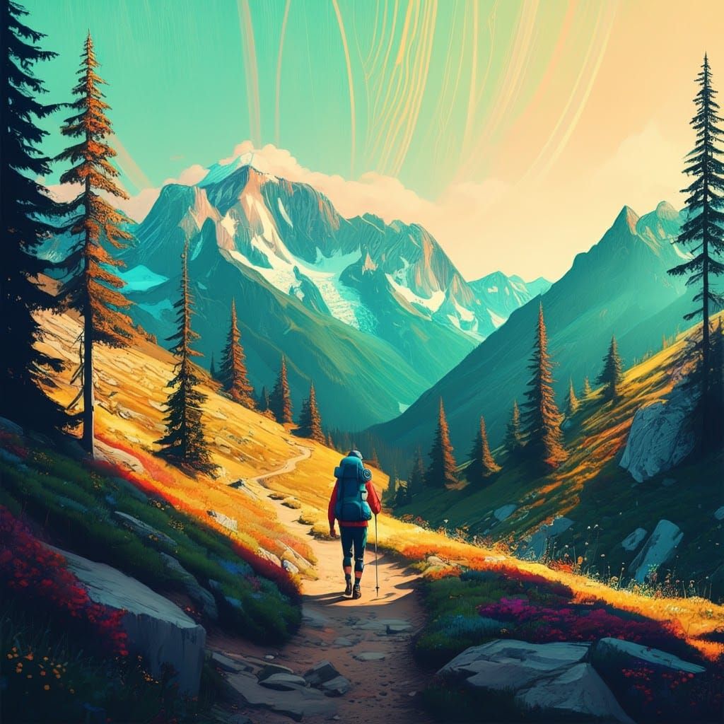 Hiker on Mountain Trail in Comic Book Style