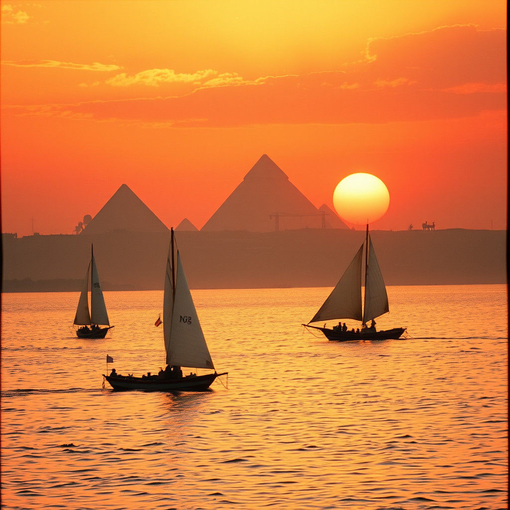 Nile Sunset with Feluccas in Cinematic Style