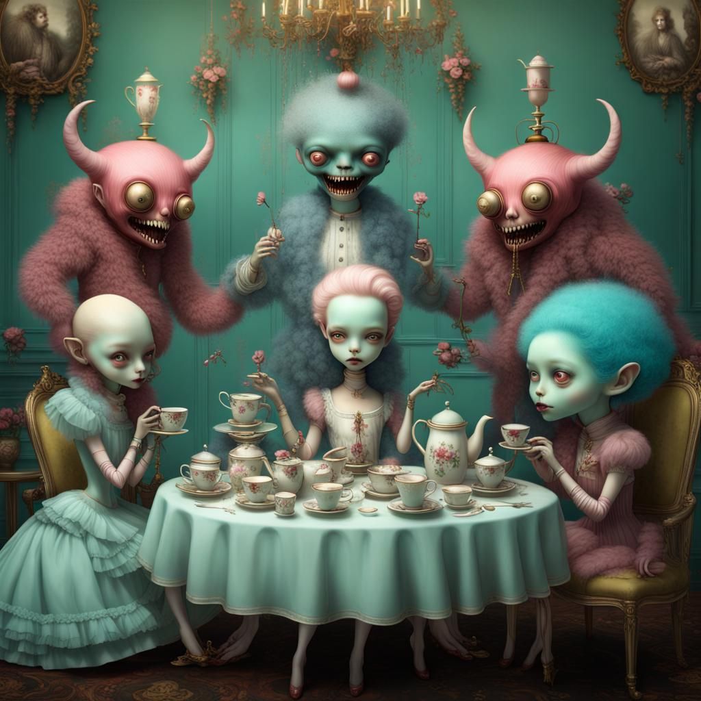 Whimsical Victorian Surreal Tea Party with Monsters