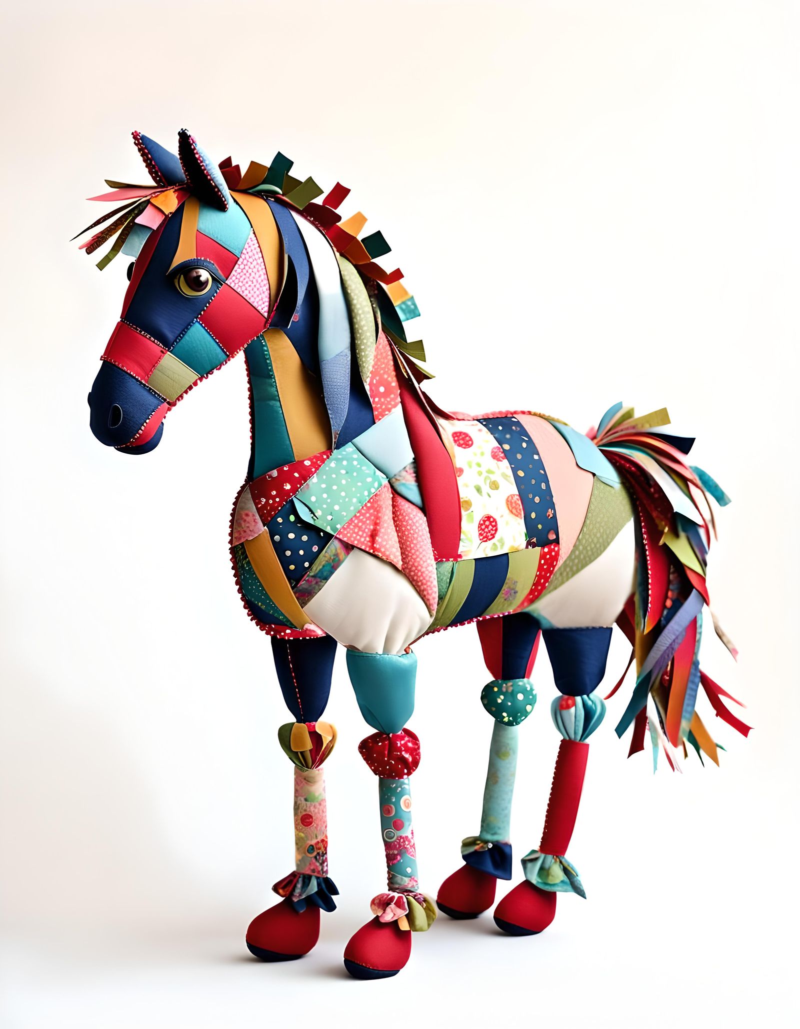 Whimsical Fabric Scrap Horse on White