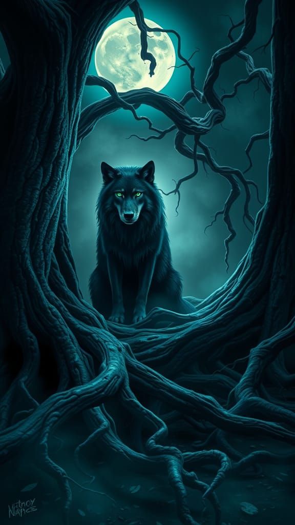 Regal Wolf in Moonlit Forest Glade