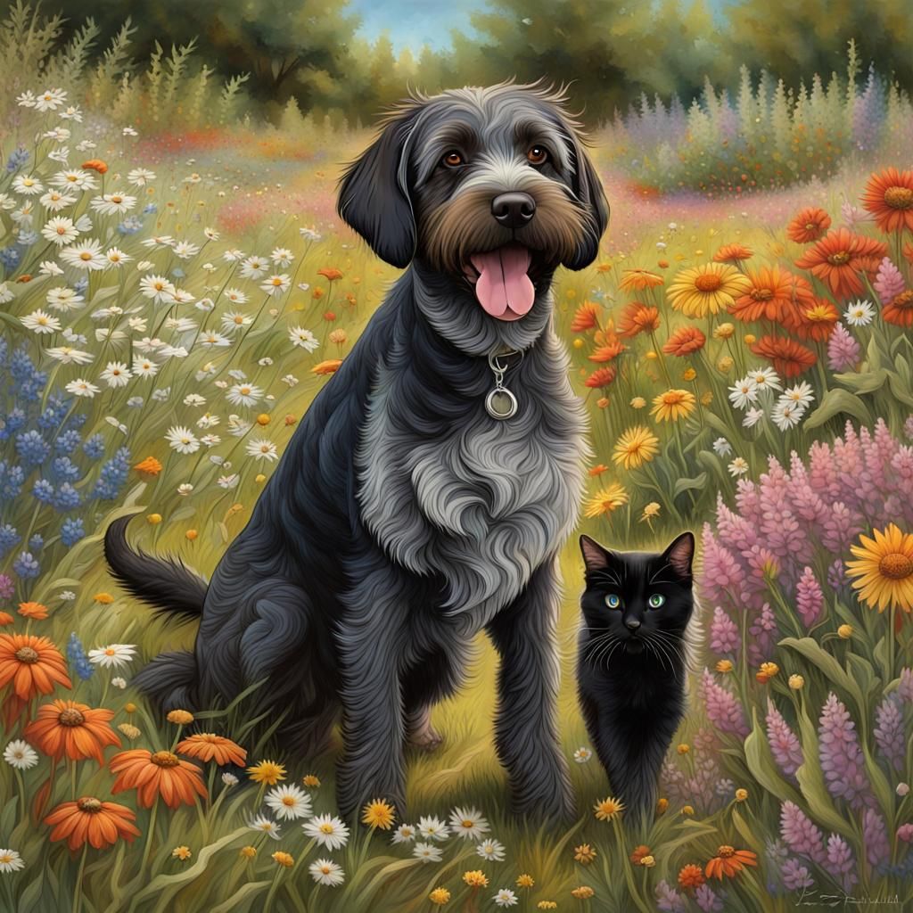 Happy Dog and Cat Running Through Wildflowers