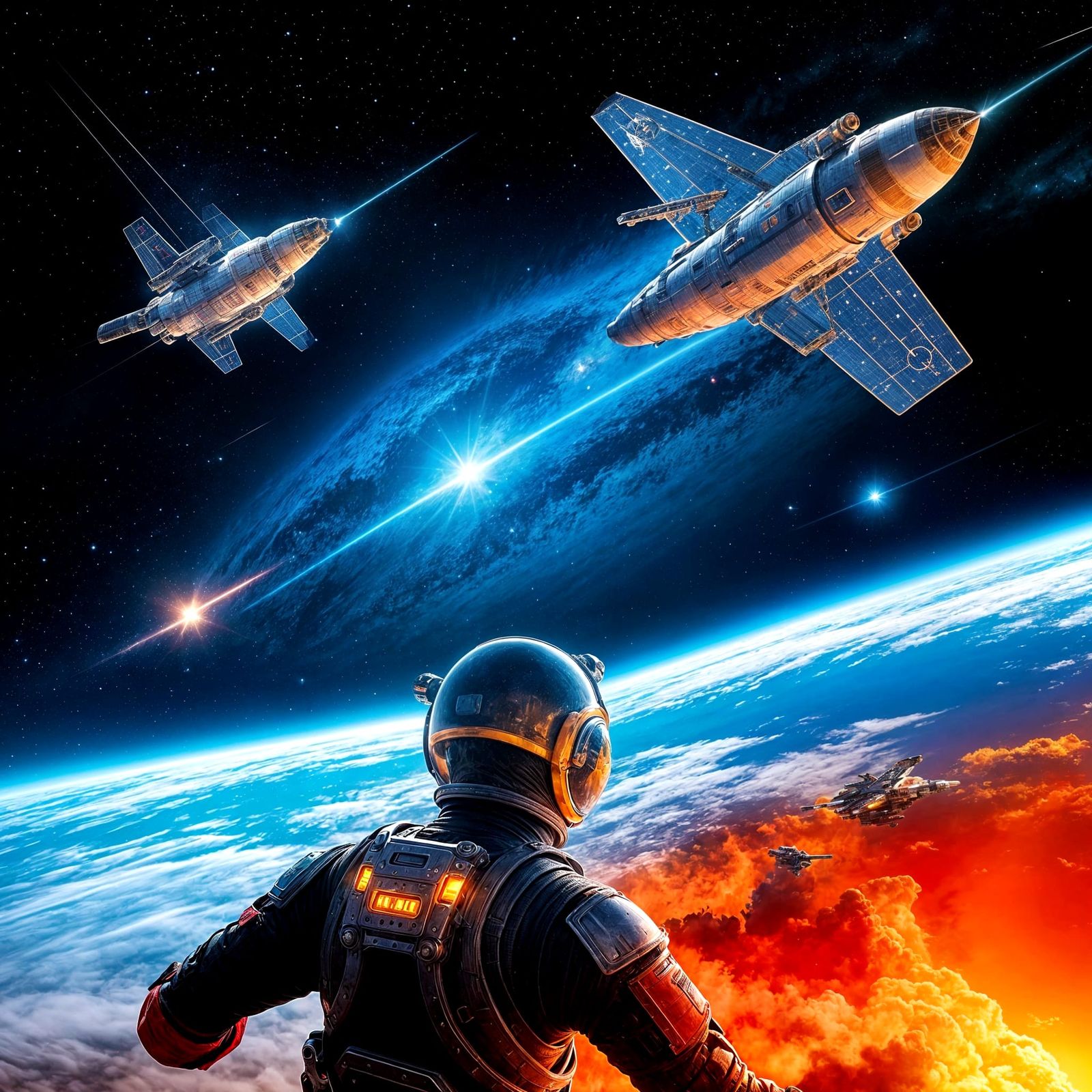 Epic Space Battle Scene with Energy Blasts