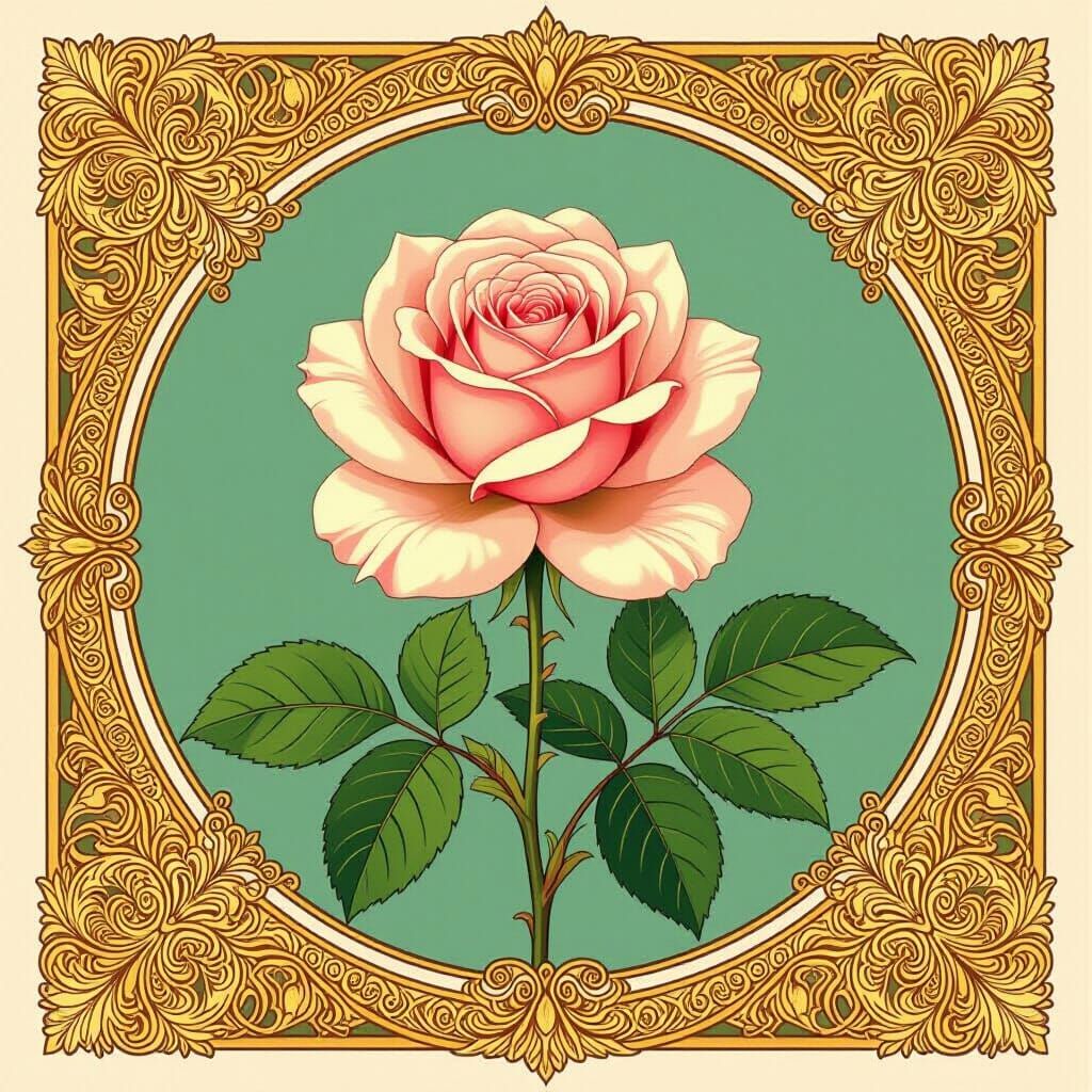 Rose in Ornate Gold Frame, Art Nouveau Style