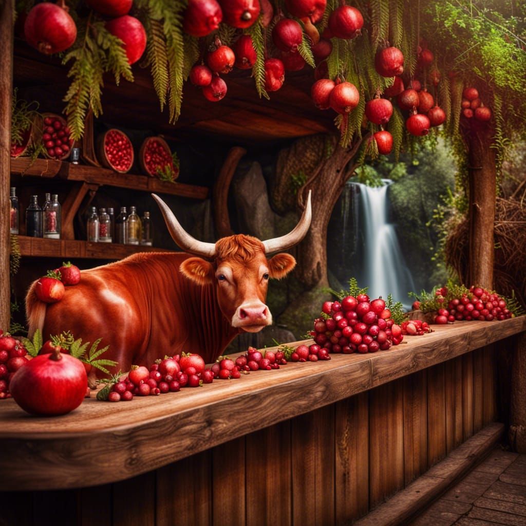 Hyperrealistic Red Cow at Pomegranate Bar