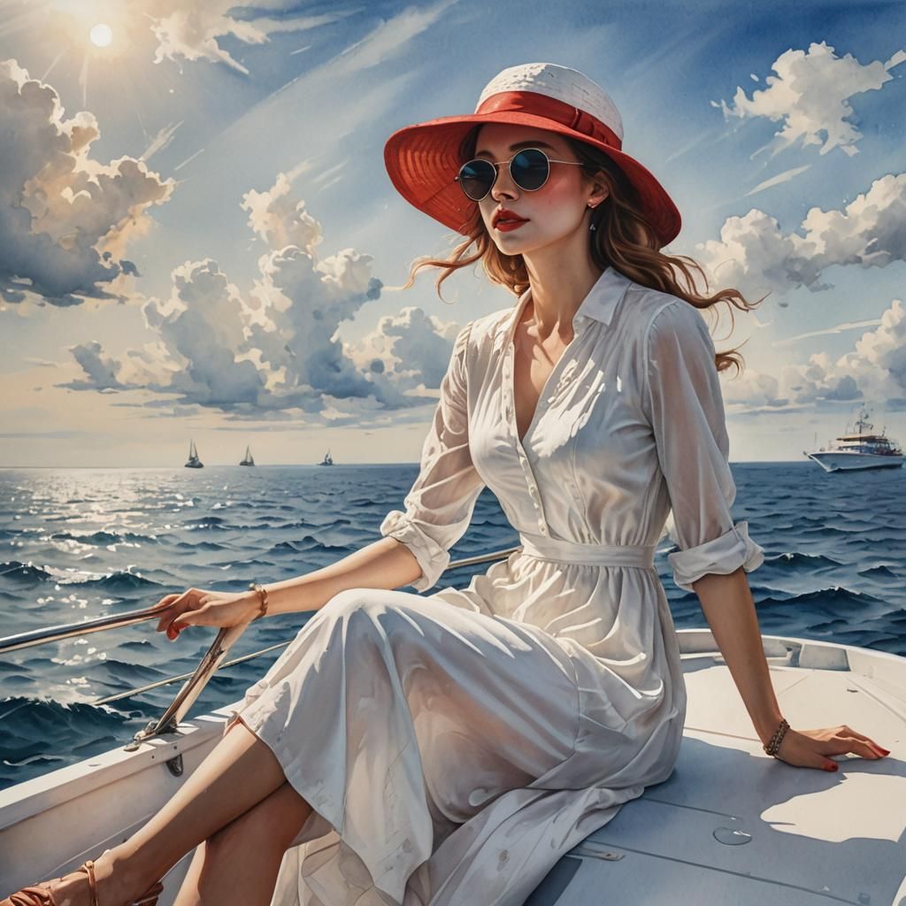 Fashion Model on Boat in Watercolor Style