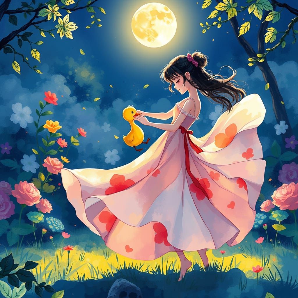 Girl and Duckling Dance in Watercolor Anime Style