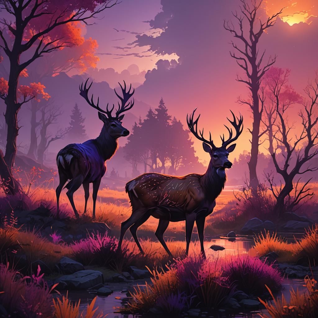 Deer Silhouette at Sunset: Fantasy Concept Art