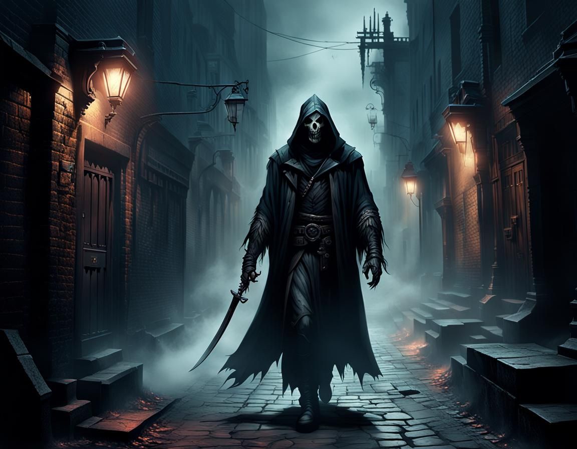 Dark Reaper in Foggy Alleyway: A Dramatic Fantasy