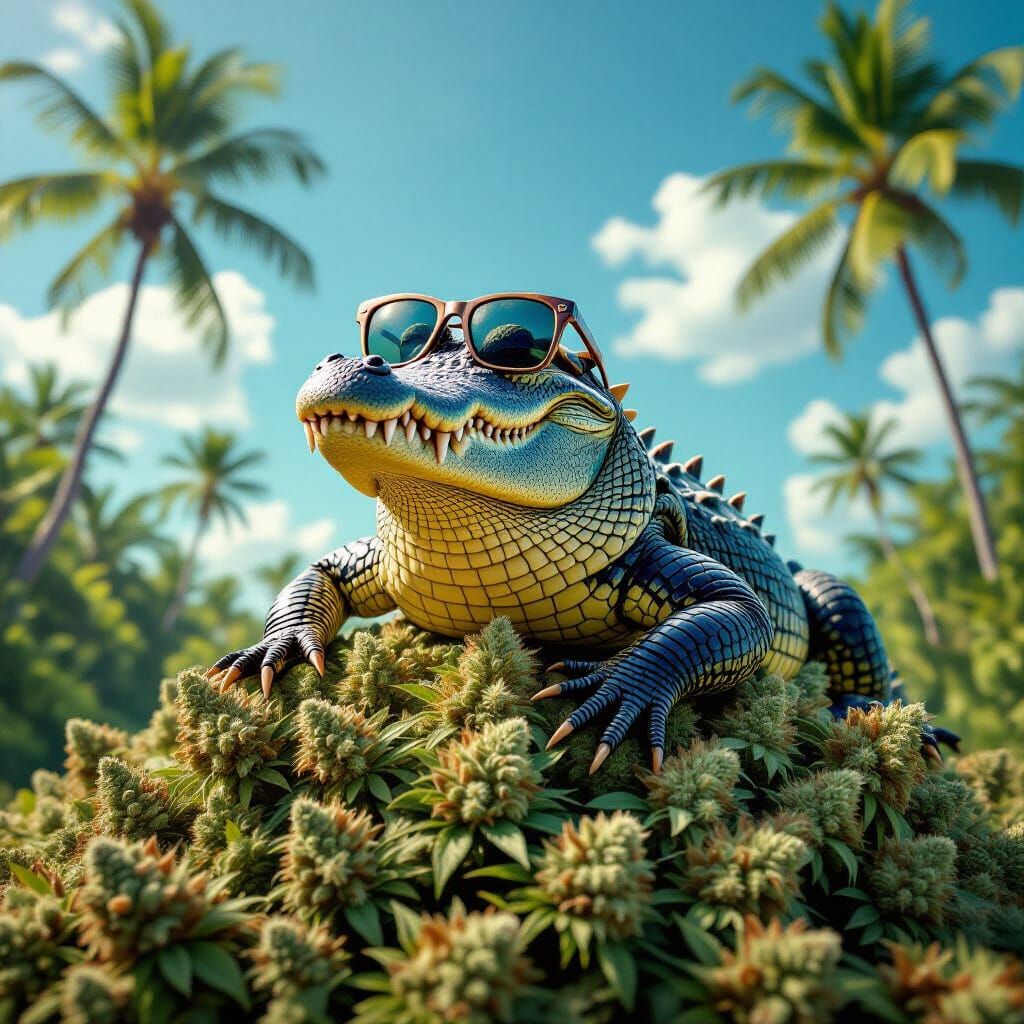 Alligator Lounging on Marijuana Buds with Sunglasses