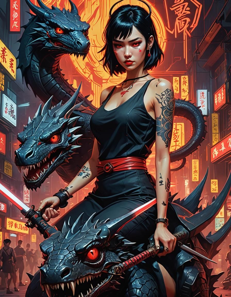 Evil Beauty with Dragon in Cyberpunk Ukiyo-e Style