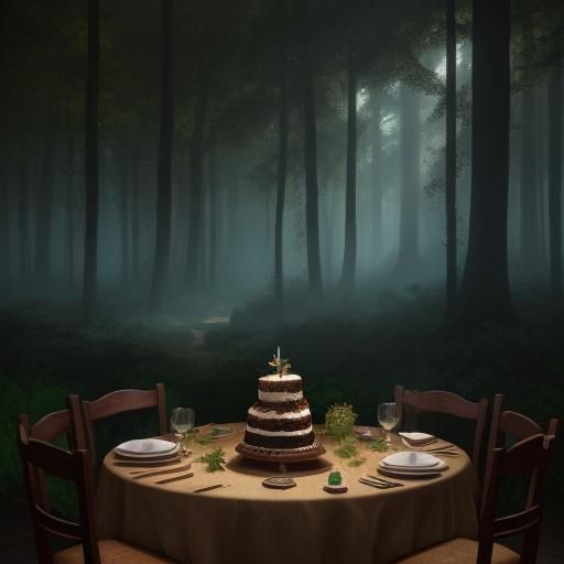 Enchanting Cake Brownie in Mystical Forest, Matte Painting