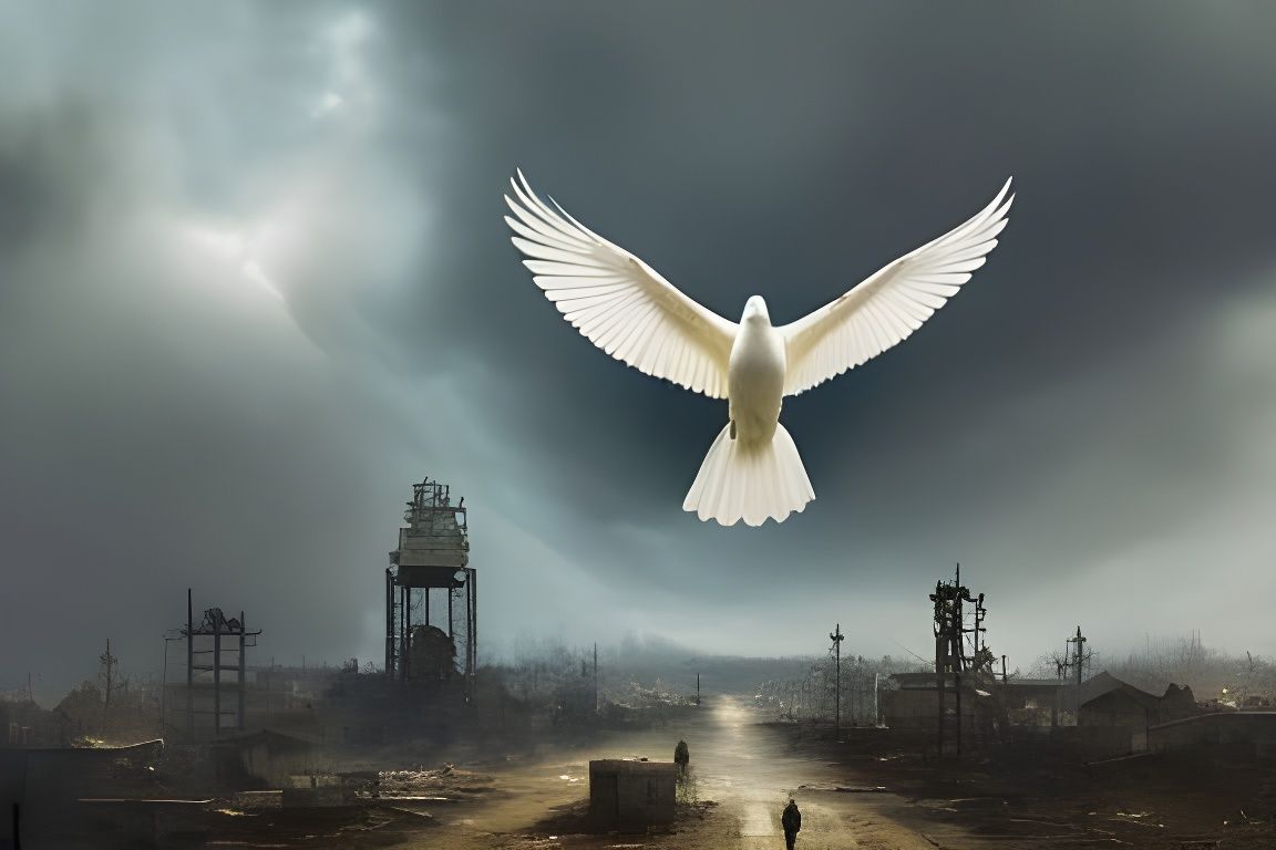 Dove Over Ruins in Dark Landscape