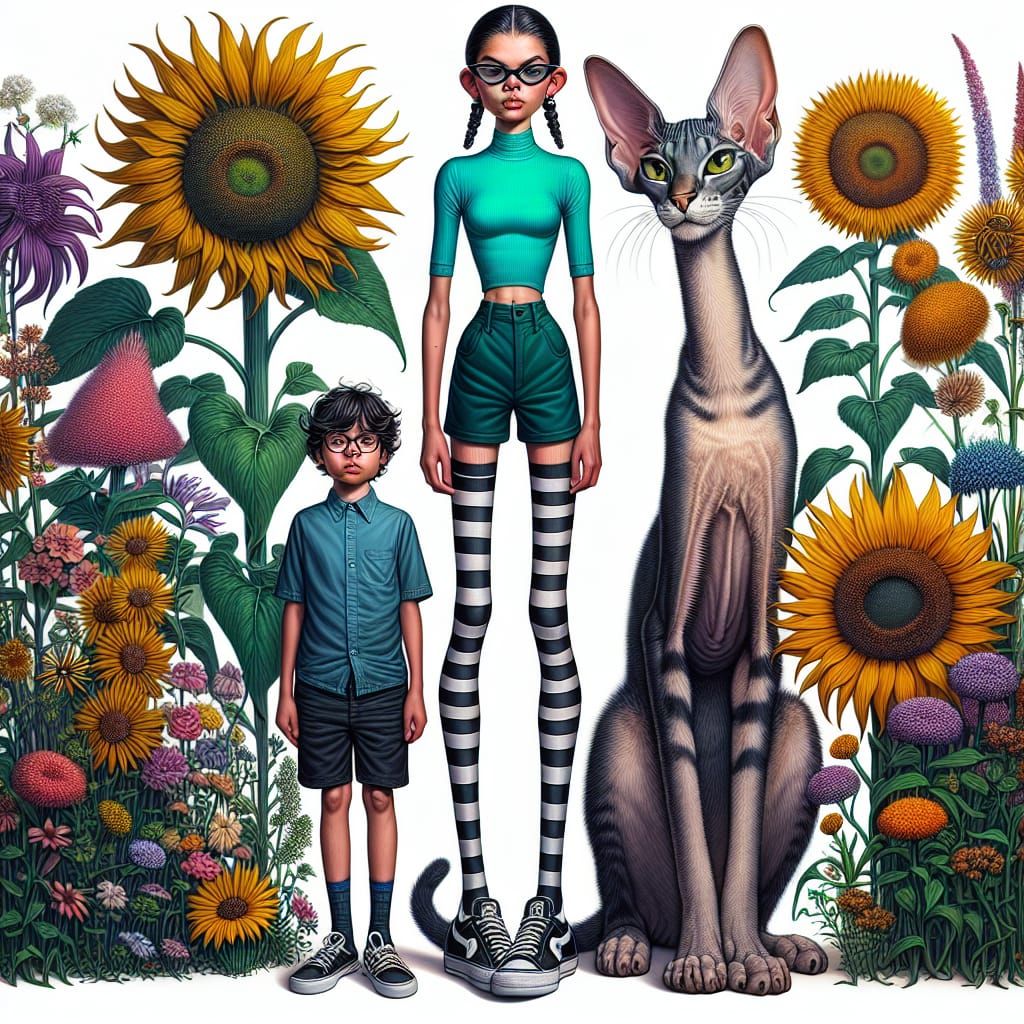 Whimsical Digital Art: Tall Woman and Cat in Garden