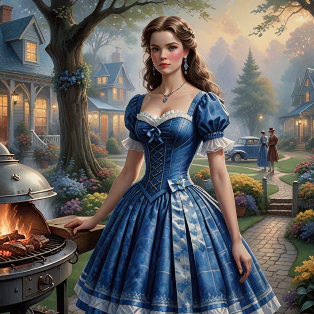 Woman in Blue Plaid Dress at BBQ, Ethereal Fantasy