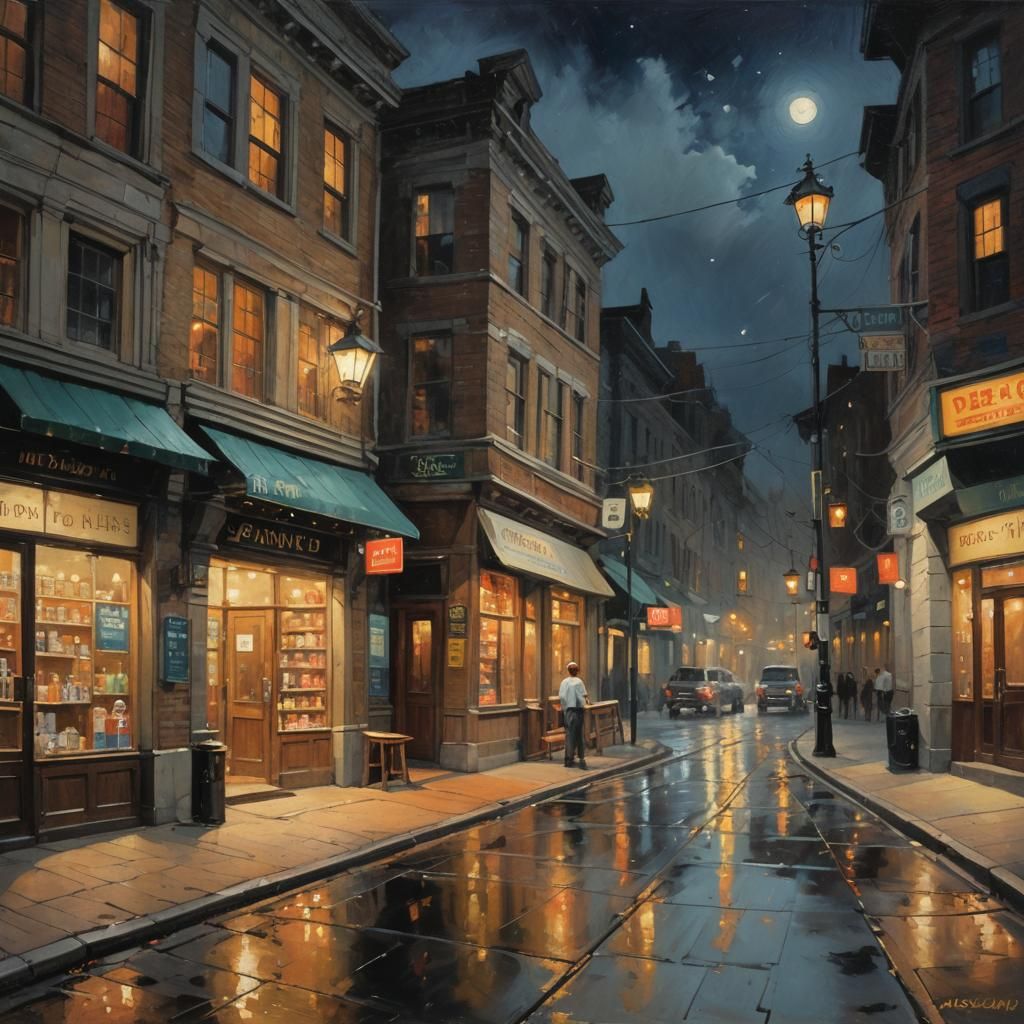 Night Pharmacy Street Scene as Oil Painting