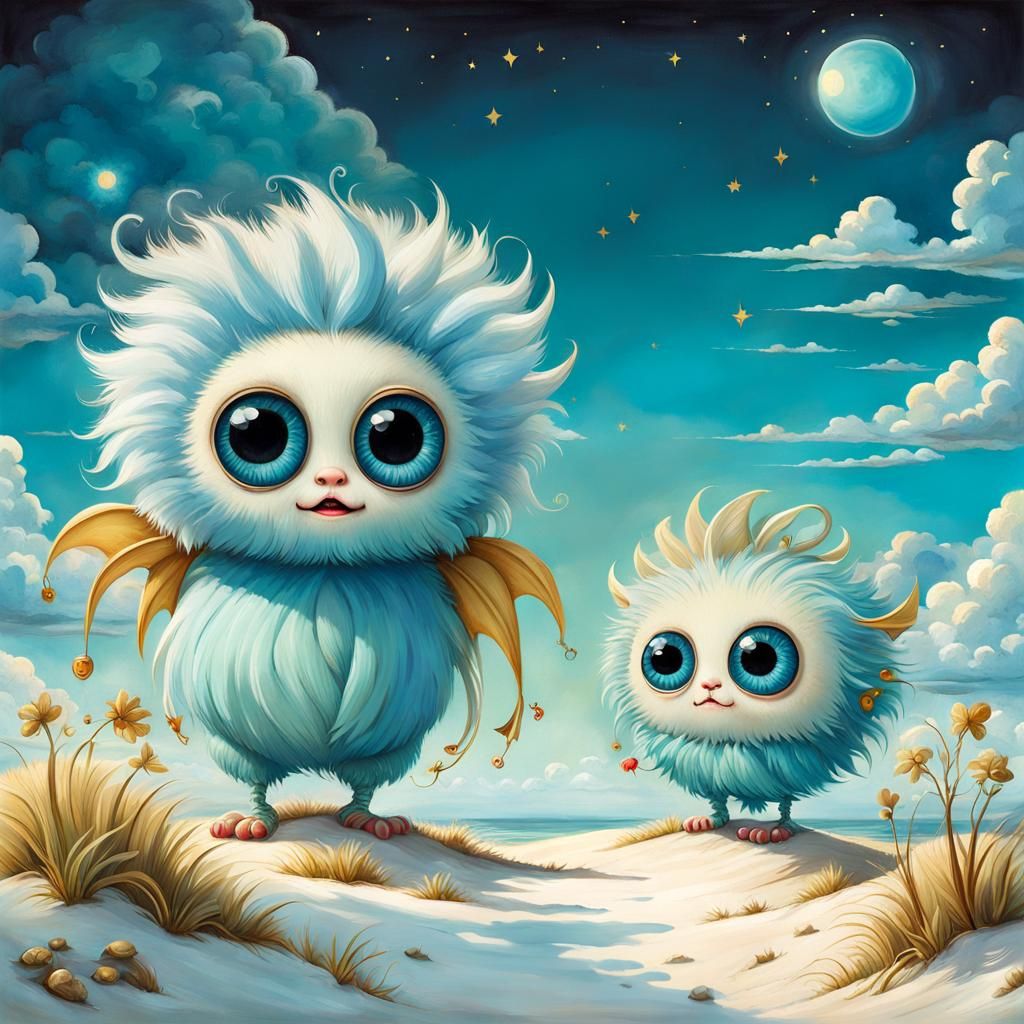 Charming Fluffy Monsters in Surreal Sky, Fantasy Art