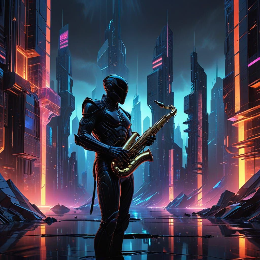 Cyberpunk Cityscape with Saxophonist in Vibrant, Glowing Cub...