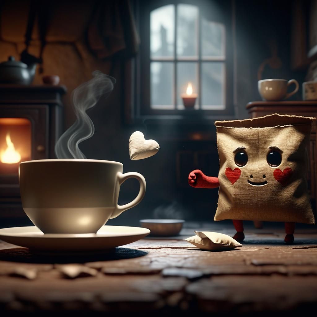 A tea bag with a face and with arms and legs holding a tiny ...